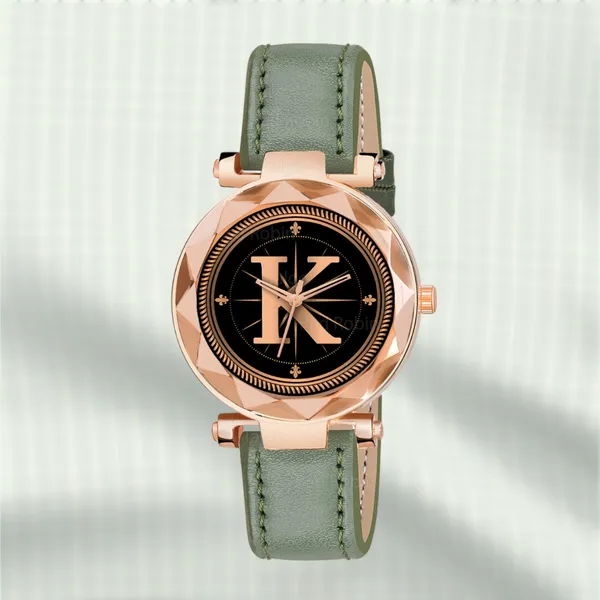 Sky_Mart_Alphabet_K_Stylish_New_Arrival_Analog_Watch_Trendy_Round_Black_Dial_And_Green_Leather_Strap_For_Women_And_Girls