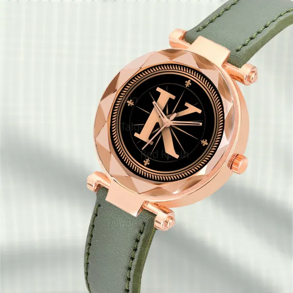 Sky_Mart_Alphabet_K_Stylish_New_Arrival_Analog_Watch_Trendy_Round_Black_Dial_And_Green_Leather_Strap_For_Women_And_Girls