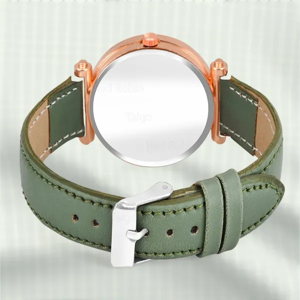 Sky_Mart_Alphabet_K_Stylish_New_Arrival_Analog_Watch_Trendy_Round_Black_Dial_And_Green_Leather_Strap_For_Women_And_Girls
