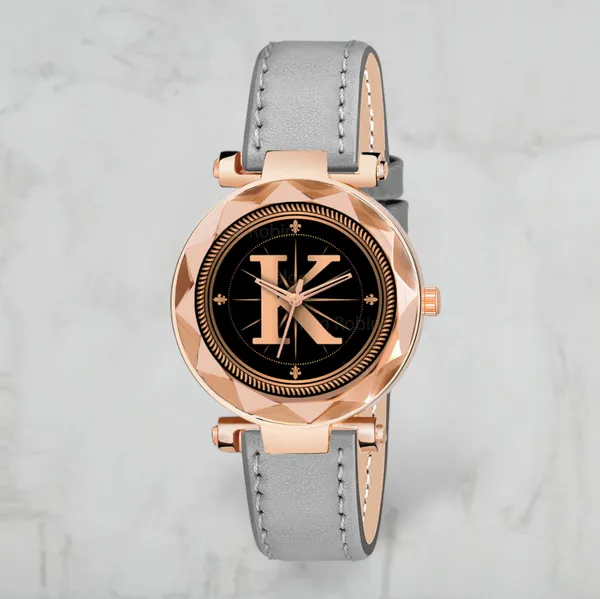 Sky_Mart_Alphabet_K_Stylish_New_Arrival_Analog_Watch_Trendy_Round_Black_Dial_And_Grey_Leather_Strap_For_Women_And_Girls