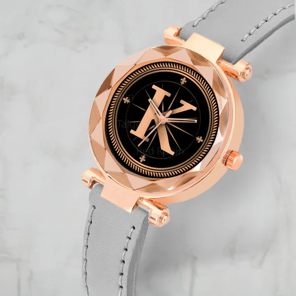 Sky_Mart_Alphabet_K_Stylish_New_Arrival_Analog_Watch_Trendy_Round_Black_Dial_And_Grey_Leather_Strap_For_Women_And_Girls