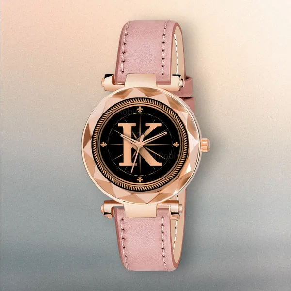 Sky_Mart_Alphabet_K_Stylish_New_Arrival_Analog_Watch_Trendy_Round_Black_Dial_And_Peach_Leather_Strap_For_Women_And_Girls