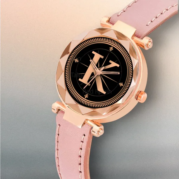 Sky_Mart_Alphabet_K_Stylish_New_Arrival_Analog_Watch_Trendy_Round_Black_Dial_And_Peach_Leather_Strap_For_Women_And_Girls