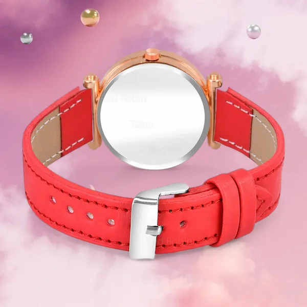 Sky_Mart_Alphabet_K_Stylish_New_Arrival_Analog_Watch_Trendy_Round_Black_Dial_And_Red_Leather_Strap_For_Women_And_Girls