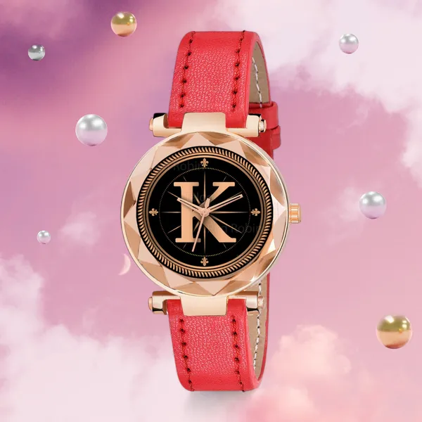 Sky_Mart_Alphabet_K_Stylish_New_Arrival_Analog_Watch_Trendy_Round_Black_Dial_And_Red_Leather_Strap_For_Women_And_Girls