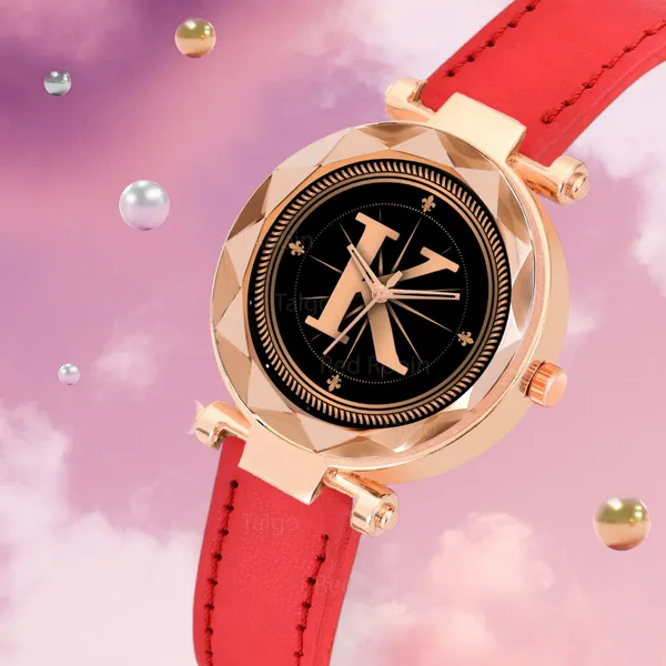 Sky_Mart_Alphabet_K_Stylish_New_Arrival_Analog_Watch_Trendy_Round_Black_Dial_And_Red_Leather_Strap_For_Women_And_Girls