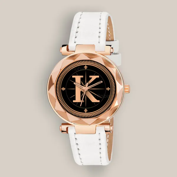 Sky_Mart_Alphabet_K_Stylish_New_Arrival_Analog_Watch_Trendy_Round_Black_Dial_And_White_Leather_Strap_For_Women_And_Girls