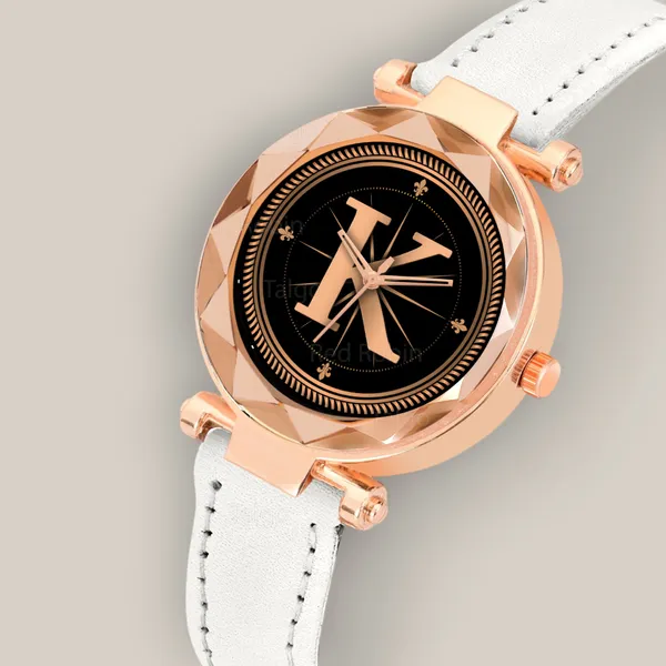 Sky_Mart_Alphabet_K_Stylish_New_Arrival_Analog_Watch_Trendy_Round_Black_Dial_And_White_Leather_Strap_For_Women_And_Girls
