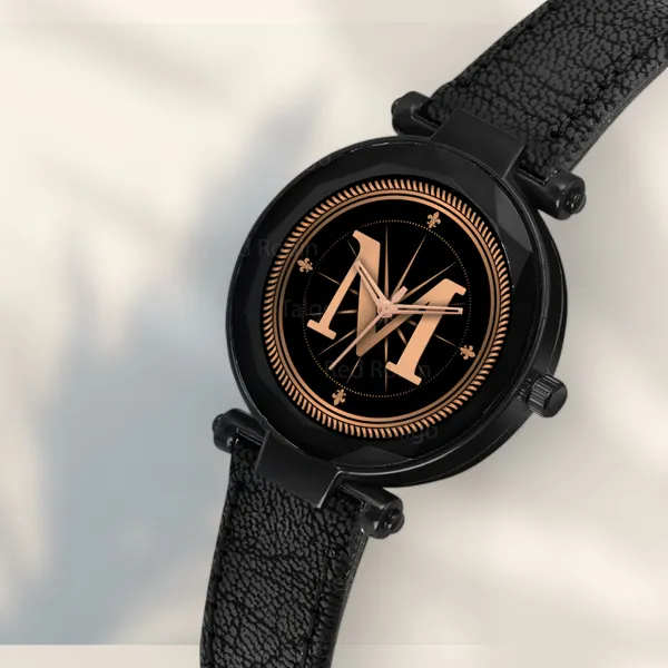 Sky_Mart_Alphabet_M_New_Arrival_Classic_Analog_Wrist_Watch_Stylish_Black_Dial_With_Black_Leather_Strap_For_Women_And_Girls