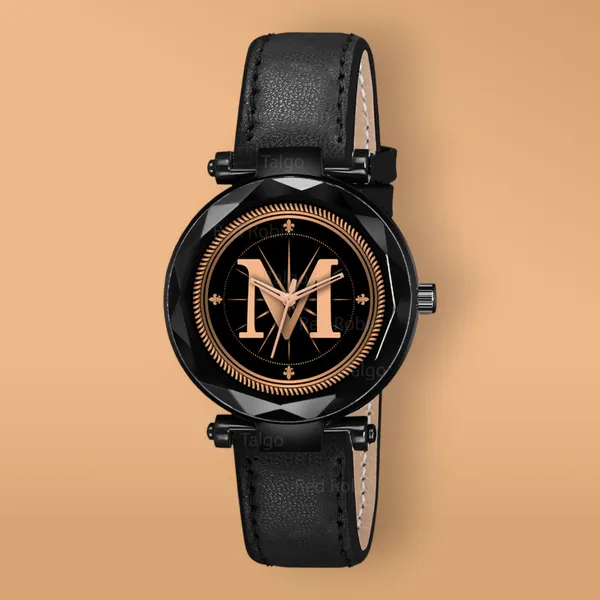 Sky_Mart_Alphabet_M_New_Arrival_Classic_Analog_Wrist_Watch_Stylish_Black_Dial_With_Black_Leather_Strap_For_Women_And_Girls