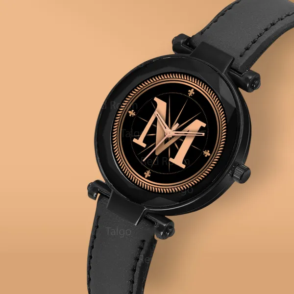 Sky_Mart_Alphabet_M_New_Arrival_Classic_Analog_Wrist_Watch_Stylish_Black_Dial_With_Black_Leather_Strap_For_Women_And_Girls