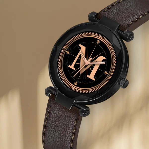 Sky_Mart_Alphabet_M_New_Arrival_Classic_Analog_Wrist_Watch_Stylish_Black_Dial_With_Brown_Leather_Strap_For_Women_And_Girls
