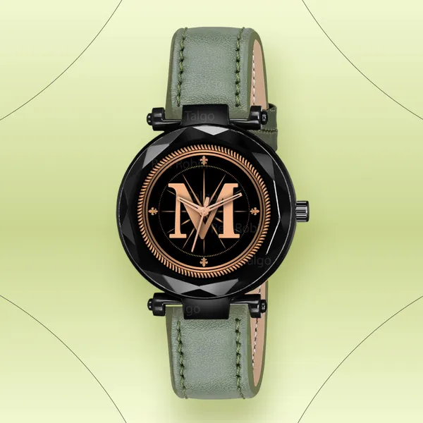 Sky_Mart_Alphabet_M_New_Arrival_Classic_Analog_Wrist_Watch_Stylish_Black_Dial_With_Green_Leather_Strap_For_Women_And_Girls
