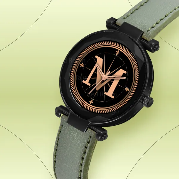 Sky_Mart_Alphabet_M_New_Arrival_Classic_Analog_Wrist_Watch_Stylish_Black_Dial_With_Green_Leather_Strap_For_Women_And_Girls