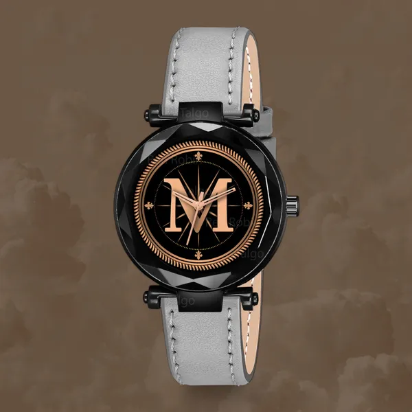 Sky_Mart_Alphabet_M_New_Arrival_Classic_Analog_Wrist_Watch_Stylish_Black_Dial_With_Grey_Leather_Strap_For_Women_And_Girls