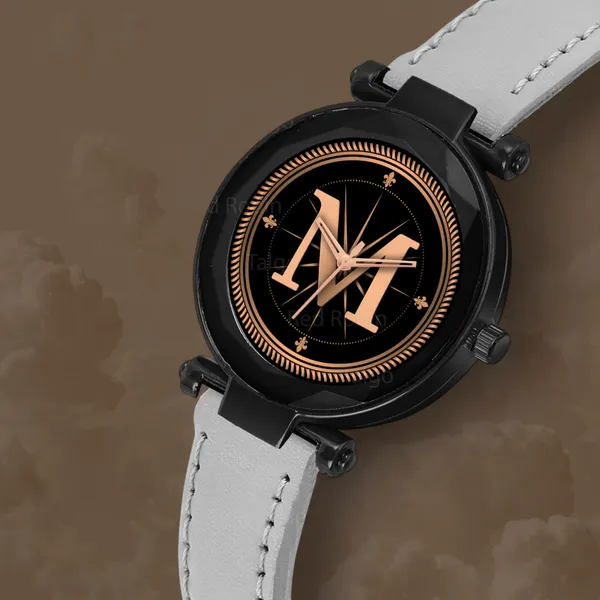 Sky_Mart_Alphabet_M_New_Arrival_Classic_Analog_Wrist_Watch_Stylish_Black_Dial_With_Grey_Leather_Strap_For_Women_And_Girls