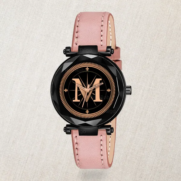Sky_Mart_Alphabet_M_New_Arrival_Classic_Analog_Wrist_Watch_Stylish_Black_Dial_With_Peach_Leather_Strap_For_Women_And_Girls