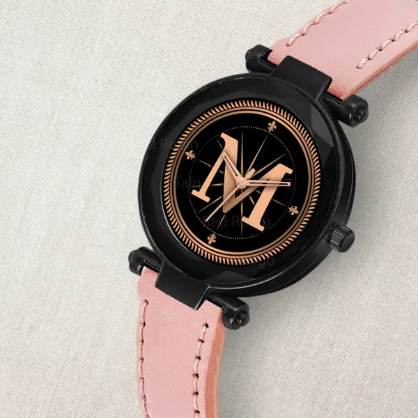 Sky_Mart_Alphabet_M_New_Arrival_Classic_Analog_Wrist_Watch_Stylish_Black_Dial_With_Peach_Leather_Strap_For_Women_And_Girls