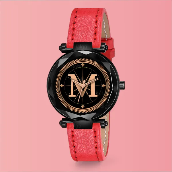 Sky_Mart_Alphabet_M_New_Arrival_Classic_Analog_Wrist_Watch_Stylish_Black_Dial_With_Red_Leather_Strap_For_Women_And_Girls