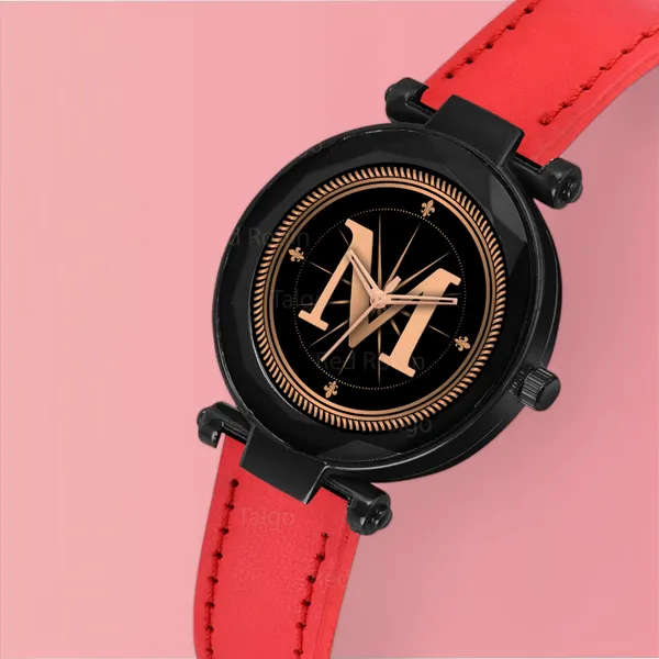 Sky_Mart_Alphabet_M_New_Arrival_Classic_Analog_Wrist_Watch_Stylish_Black_Dial_With_Red_Leather_Strap_For_Women_And_Girls
