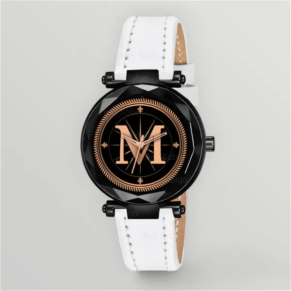 Sky_Mart_Alphabet_M_New_Arrival_Classic_Analog_Wrist_Watch_Stylish_Black_Dial_With_White_Leather_Strap_For_Women_And_Girls