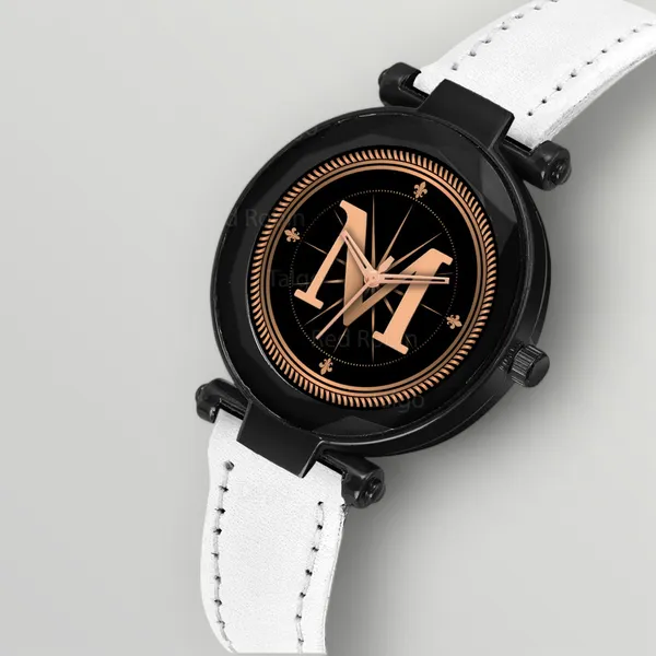 Sky_Mart_Alphabet_M_New_Arrival_Classic_Analog_Wrist_Watch_Stylish_Black_Dial_With_White_Leather_Strap_For_Women_And_Girls