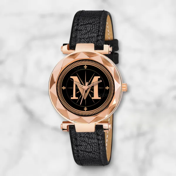 Sky_Mart_Alphabet_M_New_Arrival_Classic_Analog_Wrist_Watch_Stylish_Black_Dial_With_Black_Leather_Strap_For_Women_And_Girls