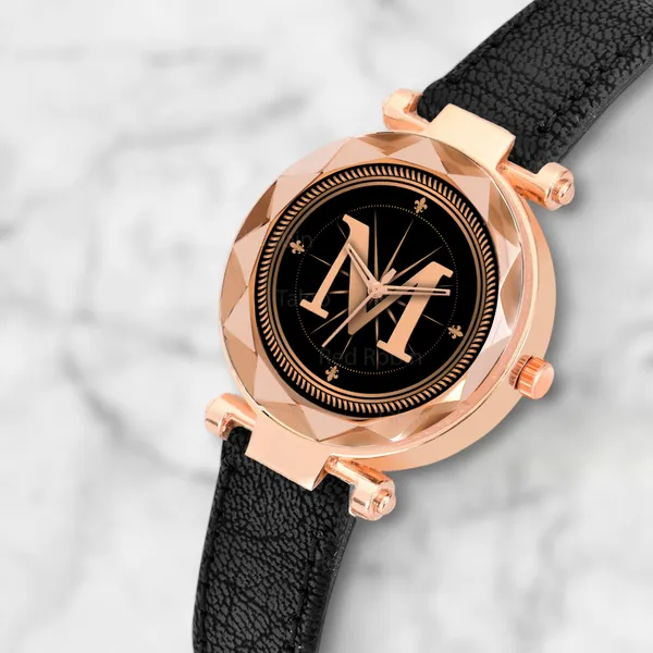 Sky_Mart_Alphabet_M_New_Arrival_Classic_Analog_Wrist_Watch_Stylish_Black_Dial_With_Black_Leather_Strap_For_Women_And_Girls