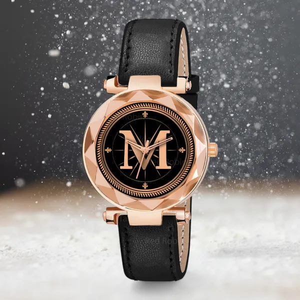 Sky_Mart_Alphabet_M_New_Arrival_Classic_Analog_Wrist_Watch_Stylish_Black_Dial_With_Black_Leather_Strap_For_Women_And_Girls