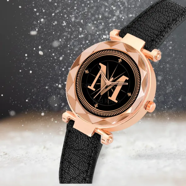 Sky_Mart_Alphabet_M_New_Arrival_Classic_Analog_Wrist_Watch_Stylish_Black_Dial_With_Black_Leather_Strap_For_Women_And_Girls