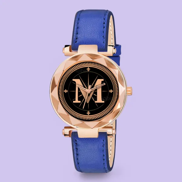 Sky_Mart_Alphabet_M_New_Arrival_Classic_Analog_Wrist_Watch_Stylish_Black_Dial_With_Blue_Leather_Strap_For_Women_And_Girls