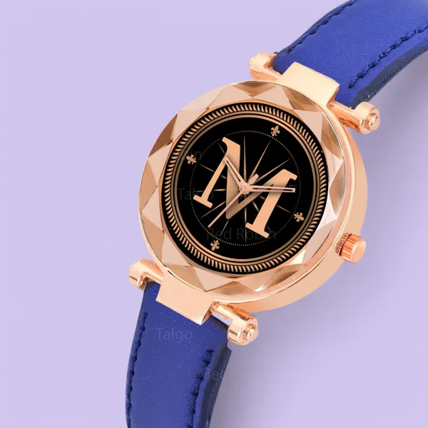 Sky_Mart_Alphabet_M_New_Arrival_Classic_Analog_Wrist_Watch_Stylish_Black_Dial_With_Blue_Leather_Strap_For_Women_And_Girls