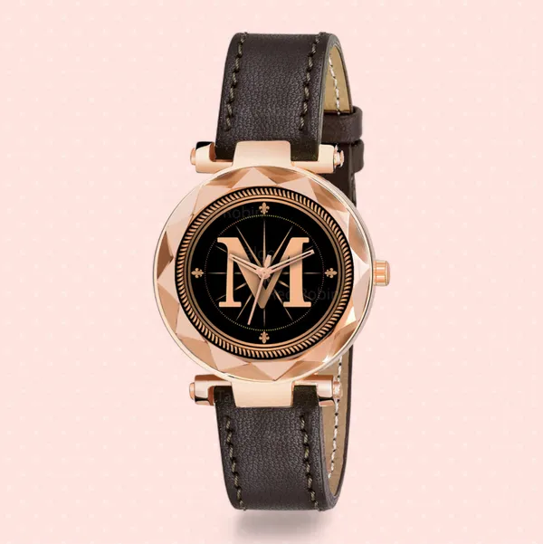 Sky_Mart_Alphabet_M_New_Arrival_Classic_Analog_Wrist_Watch_Stylish_Black_Dial_With_Brown_Leather_Strap_For_Women_And_Girls