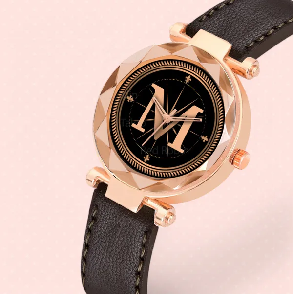 Sky_Mart_Alphabet_M_New_Arrival_Classic_Analog_Wrist_Watch_Stylish_Black_Dial_With_Brown_Leather_Strap_For_Women_And_Girls
