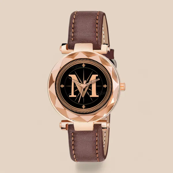 Sky_Mart_Alphabet_M_New_Arrival_Classic_Analog_Wrist_Watch_Stylish_Black_Dial_With_Brown_Leather_Strap_For_Women_And_Girls