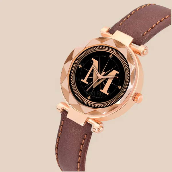 Sky_Mart_Alphabet_M_New_Arrival_Classic_Analog_Wrist_Watch_Stylish_Black_Dial_With_Brown_Leather_Strap_For_Women_And_Girls