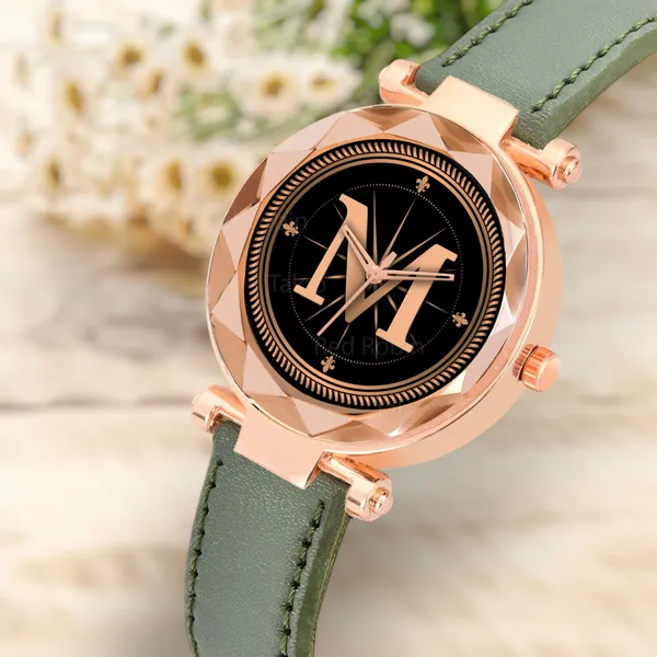 Sky_Mart_Alphabet_M_New_Arrival_Classic_Analog_Wrist_Watch_Stylish_Black_Dial_With_Green_Leather_Strap_For_Women_And_Girls