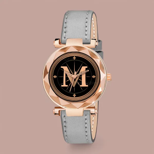 Sky_Mart_Alphabet_M_New_Arrival_Classic_Analog_Wrist_Watch_Stylish_Black_Dial_With_Grey_Leather_Strap_For_Women_And_Girls