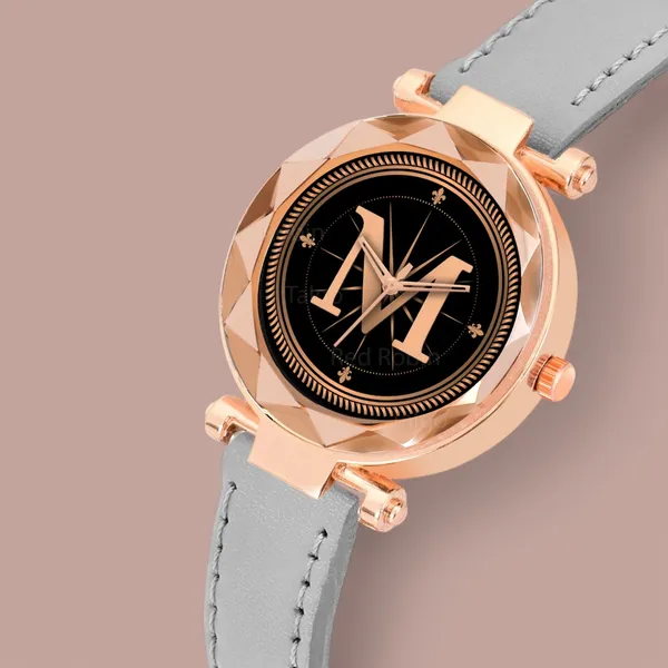 Sky_Mart_Alphabet_M_New_Arrival_Classic_Analog_Wrist_Watch_Stylish_Black_Dial_With_Grey_Leather_Strap_For_Women_And_Girls