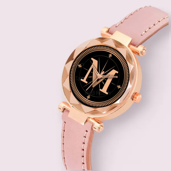 Sky_Mart_Alphabet_M_New_Arrival_Classic_Analog_Wrist_Watch_Stylish_Black_Dial_With_Peach_Leather_Strap_For_Women_And_Girls