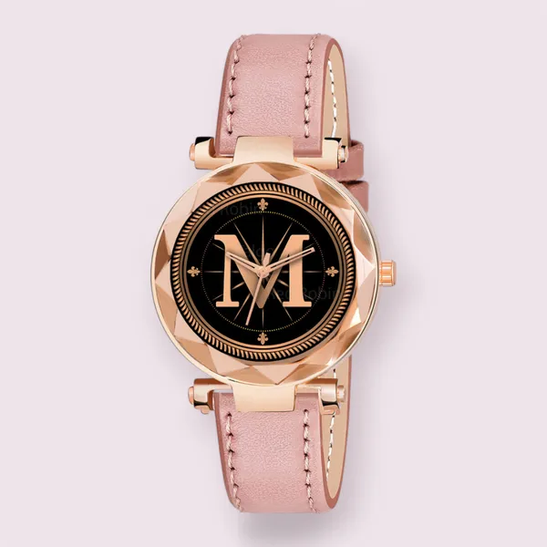 Sky_Mart_Alphabet_M_New_Arrival_Classic_Analog_Wrist_Watch_Stylish_Black_Dial_With_Peach_Leather_Strap_For_Women_And_Girls