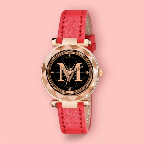 Sky_Mart_Alphabet_M_New_Arrival_Classic_Analog_Wrist_Watch_Stylish_Black_Dial_With_Red_Leather_Strap_For_Women_And_Girls