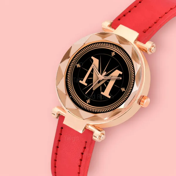 Sky_Mart_Alphabet_M_New_Arrival_Classic_Analog_Wrist_Watch_Stylish_Black_Dial_With_Red_Leather_Strap_For_Women_And_Girls