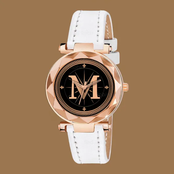 Sky_Mart_Alphabet_M_New_Arrival_Classic_Analog_Wrist_Watch_Stylish_Black_Dial_With_White_Leather_Strap_For_Women_And_Girls