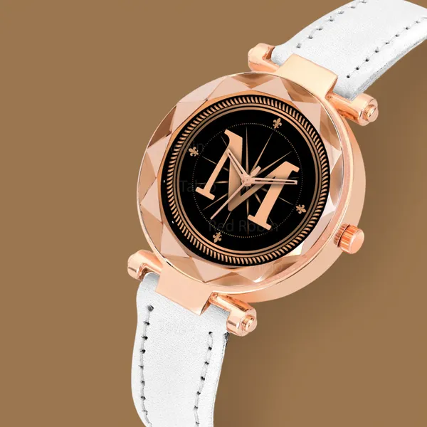 Sky_Mart_Alphabet_M_New_Arrival_Classic_Analog_Wrist_Watch_Stylish_Black_Dial_With_White_Leather_Strap_For_Women_And_Girls