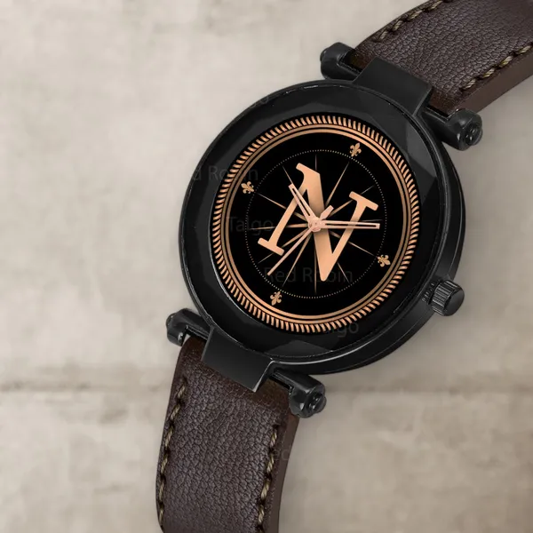 Sky_Mart_Alphabet_N_Trendy_Analog_Wrist_Watch_For_Women_And_Girls_New_Arrival_With_Classic_Black_Dial_And_Brown_Leather_Strap