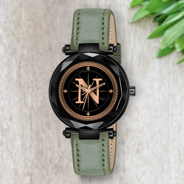 Sky_Mart_Alphabet_N_Trendy_Analog_Wrist_Watch_For_Women_And_Girls_New_Arrival_With_Classic_Black_Dial_And_Green_Leather_Strap
