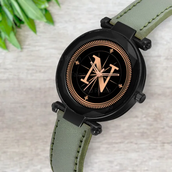 Sky_Mart_Alphabet_N_Trendy_Analog_Wrist_Watch_For_Women_And_Girls_New_Arrival_With_Classic_Black_Dial_And_Green_Leather_Strap