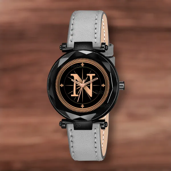 Sky_Mart_Alphabet_N_Trendy_Analog_Wrist_Watch_For_Women_And_Girls_New_Arrival_With_Classic_Black_Dial_And_Grey_Leather_Strap
