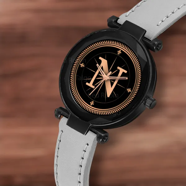 Sky_Mart_Alphabet_N_Trendy_Analog_Wrist_Watch_For_Women_And_Girls_New_Arrival_With_Classic_Black_Dial_And_Grey_Leather_Strap